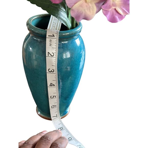 Handcrafted Turquoise Ceramic Vase Faux Pink Hydrangea Floral Arrangement - Picture 4 of 6